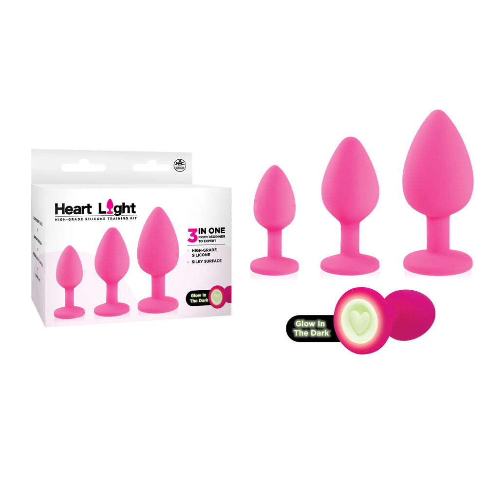 Heart Light - Pink - Pink Butt Plugs with Glow in Dark Bases - Set of 3 Sizes Excellent Power